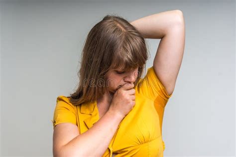 Woman With Sweating Under Armpit In Yellow Dress Stock Image Image Of
