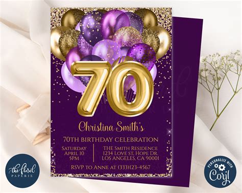 70th Birthday Invitation Template Editable Purple And Gold Etsy