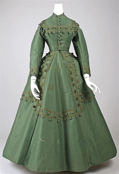 Late 1850s Arsenic Green Silk Dress With Ribbon Tab Trim Historical