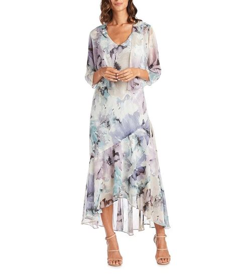 R And M Richards Watercolor Floral Printed Chiffon V Neck Tiered Ruffle High Low Hem 34 Sleeve 2