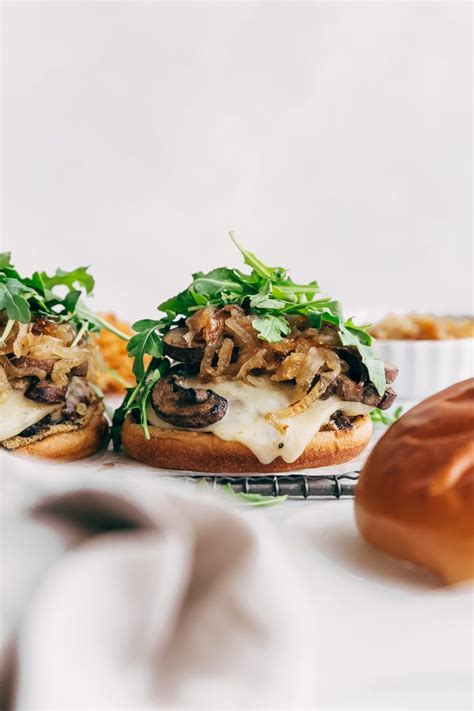 Double cheeseburgers with caramelized onions. Rockin' Sweet Onion Mushroom Swiss Burgers Recipe | Little Spice Jar