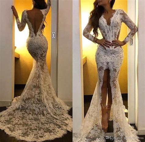 Deep V Neck Lace Mermaid Long Prom Dresses 2020 Long Sleeves Lace