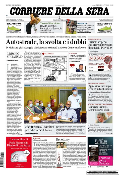 Le notizie di oggi in prima pagina: il Corriere della Sera del 16 luglio