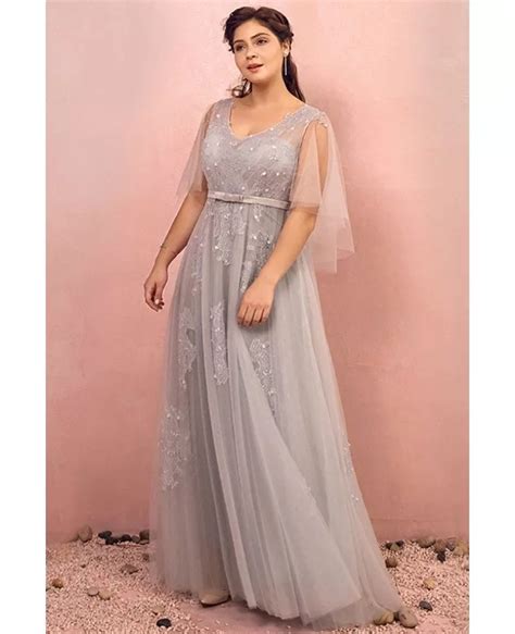 Custom Elegant Long Grey Flowy Tulle Prom Dress With Puffy Sleeves Plus