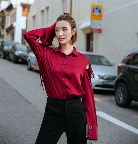 Cakucool Women Red Wine Silk Blouse Shirt Sexy Drop Shoulder Long