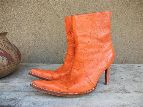 Vintage Stiletto Heel Mexican Pointy Boots Orange Ostrich Leather Women