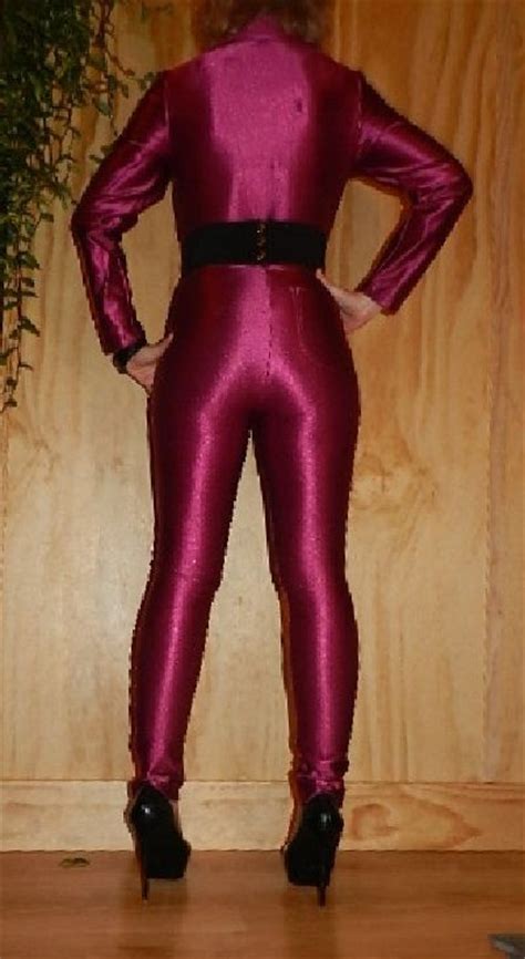 Vtg Spandex Disco Pants Trousers Jumpsuit Shiny Body Con Skinny Wine