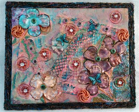 Shabby Mixed Media Collage Assemblage Spring Fling On Canvas Board