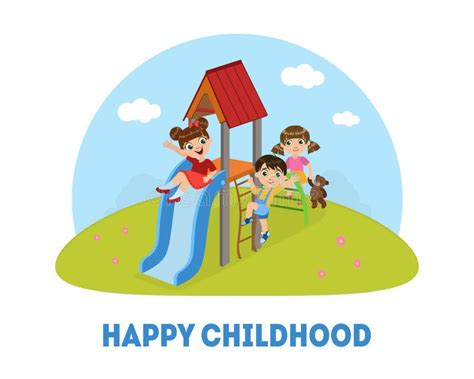 Kids Having Fun In The Treehouse Childrens Playground With Swing And