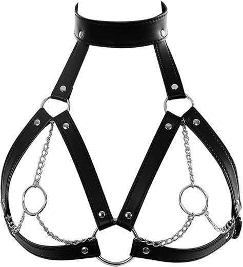 Punk Gothic Leather Body Harness Women Crop Tops Hollow Out Cupless Bra
