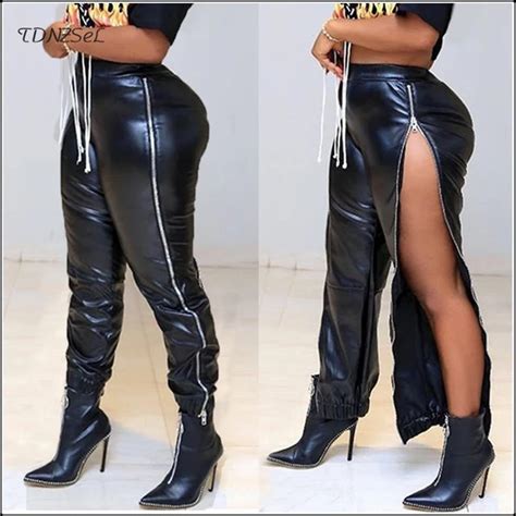 Women Sexy Black Pu Patent Leather Pencil Pants Side Long Zipper High