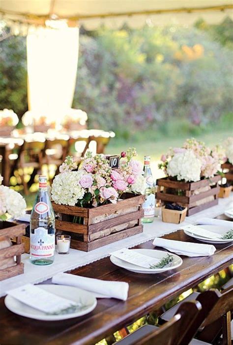 These farm table rentals have a rustic design with plank table top.875'' thick, 4'' thick braces underneath top and 3.5'' thick square legs. 20 Great Ideas To Use Wooden Crates At Rustic Weddings | Rustic wedding centerpieces, Outdoor ...
