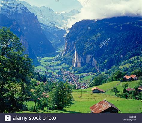 Lauterbrunnen Valley In Switzerland Waterfalls Alps Stock