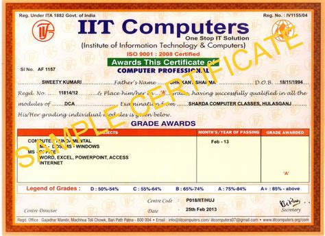 Sharda Computer Classes Sample Certificate