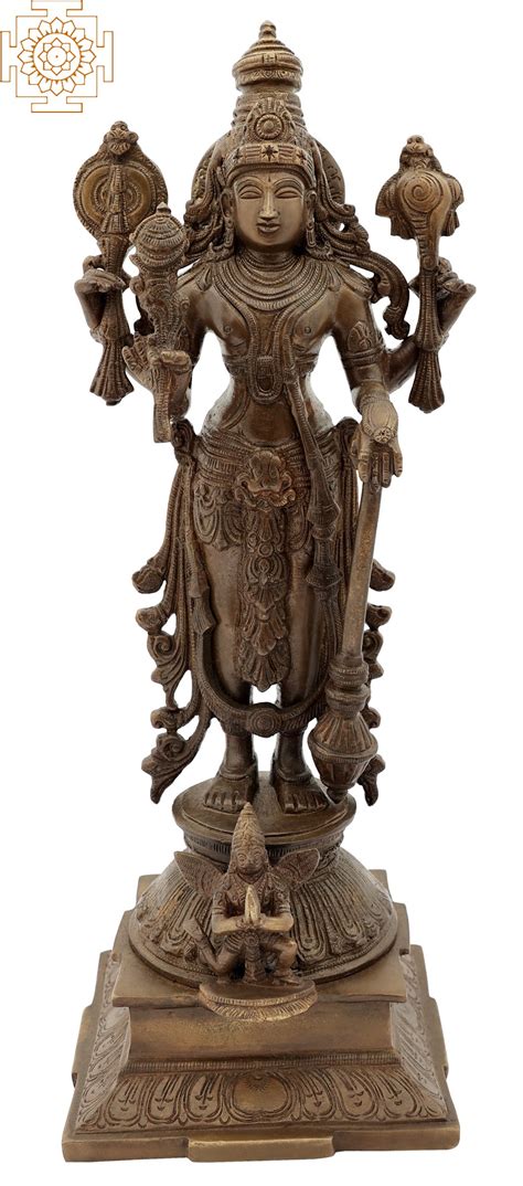 15 Four Armed Standing Vishnu Brass Sculpture Handmade Made In
