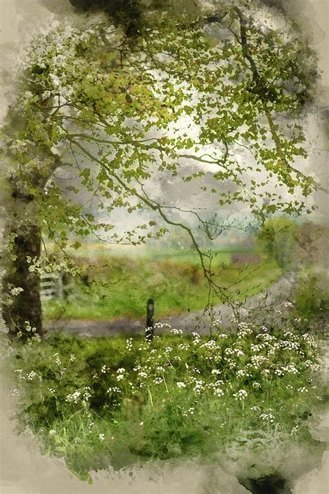 Watercolour Painting Of Beautiful English Countryside Landscape