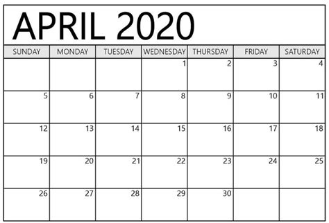 Printable April 2020 Calendar Waterproof Paper Printable Calendar