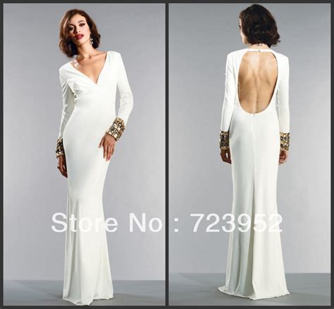 Elegant V Neck White Crystal Long Sleeve Backless Dress Floor Length