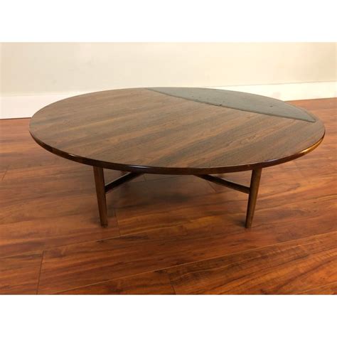 1960 Drexel Parallel Round Walnut Coffee Table With Leather Or Vinyl