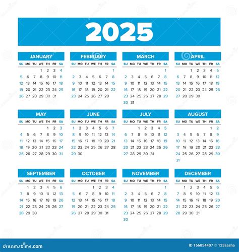 Simple Vector Calendar 2025 Weeks Start On Sunday Stock Vector