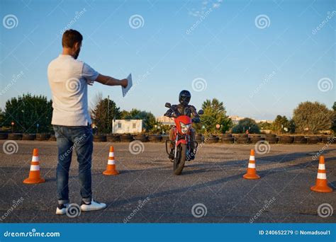 Riding Between Cones Lesson In Motorcycle School Stock Image Image