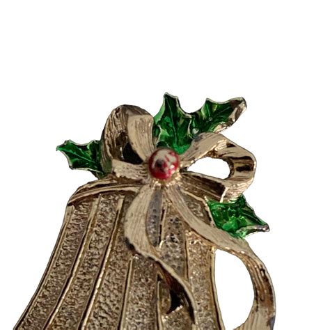 Vintage Gerrys Christmas Gold Tone Bell With Bow And Holly Leaves Brooch