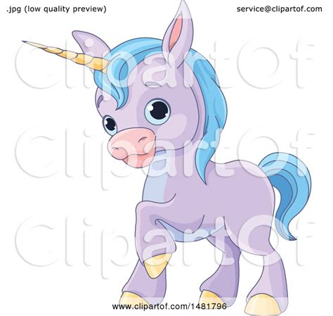Clipart Of A Cute Purple Baby Unicorn With Blue Hair Royalty Free