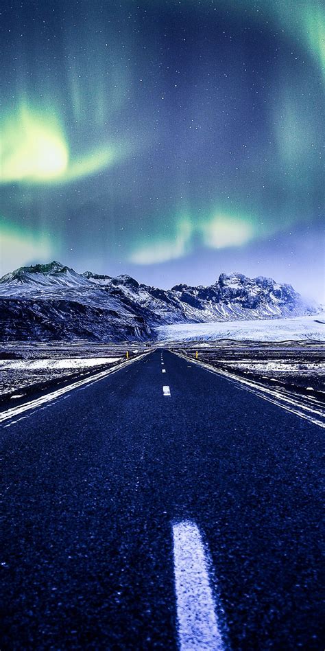 Aurora Borealis Northern Lights Highway Road Winter 1080x2160 Wallpaper