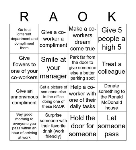 Random Acts Of Kindness Bingo Card