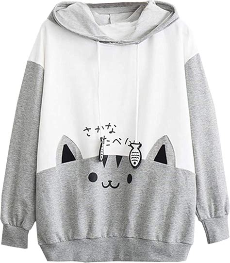 Women Teen Girls Cat Hoodie Sweatshirt Cute Cat Print Pocket Pullover