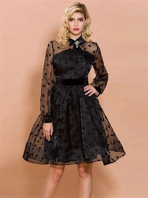 Missord Bow Front Polka Dot Organza Overlay Dress Black Prom Dress