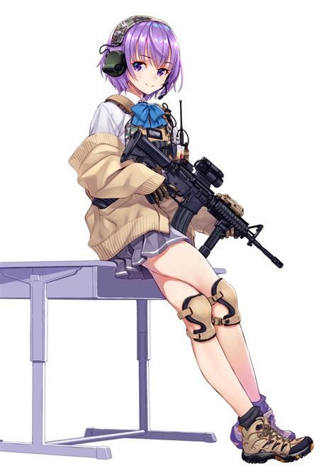 Safebooru 1girl Asato Miyo Assault Rifle Bangs Black Legwear Blue Neckwear Body Armor Bow