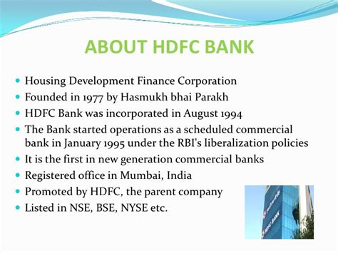 Get the latest hdfc bank limited news, company updates, quotes, offers stock analysis for hdfc bank ltd (hdfcb:natl india) including stock price, stock chart, company news, key statistics, fundamentals and company profile. HDFC Persentation
