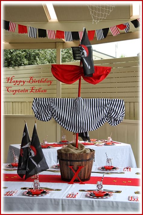 The pool gate is decorated with a large skull and bones cardstock sign along with plastic black pirate tape. Leonie's Cakes and Parties . . . . .: PIRATE PARTY