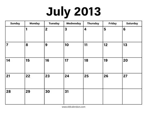 July 2013 Calendar Printable Old Calendars