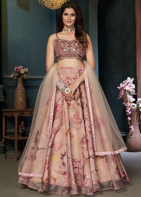 Beige Digital Floral Printed Lehenga Choli In Organza Lehenga 2423lg04