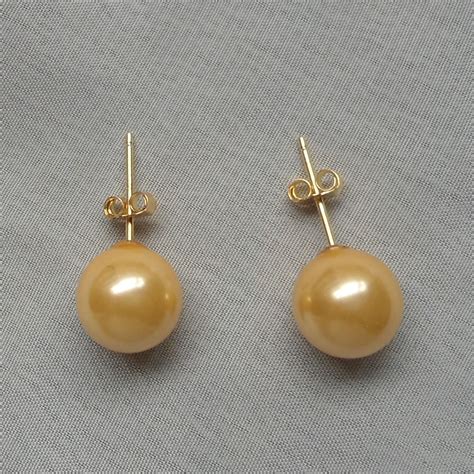 10mm Golden Pearl Stud Earringsgolden Pearl Earrings Pearl Etsy