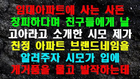 실화사연 임대아파트에 사는 사돈 창피하다며 친구들에게 날 고아라고 소개한 시모 제가 친정 아파트 브랜드네임을 알려주자 시모가