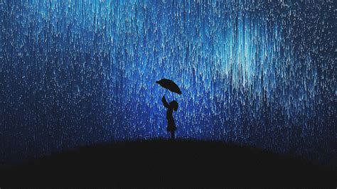 Download Silhouette Girl In Rain Fun Mood Umbrella 1920x1080