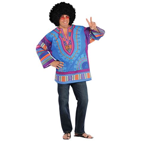 Adults Festival Tunic Shirt 60s Hippy Hippie Costume Mens Fancy Dress Outfit Clothes Shoes