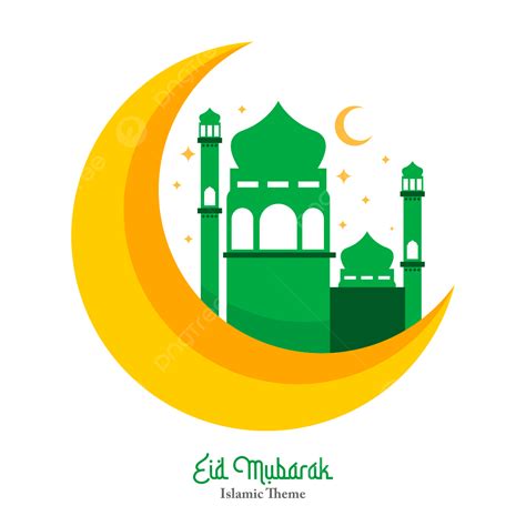 Gambar Idul Fitri Mubarak Dengan Bulan Sabit Dan Ilustrasi Masjid Tema