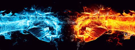 Water And Fire Fists Battle Dual Screen Wallpapers Hd