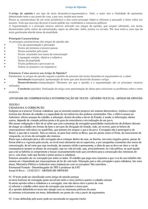 Questões Sobre Artigo De Opinião 9 Ano - Com Gabarito