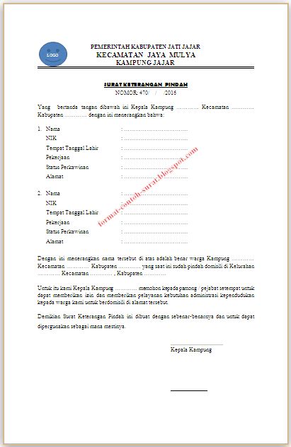 Contoh Surat Keterangan Pindah Tempat Tinggal