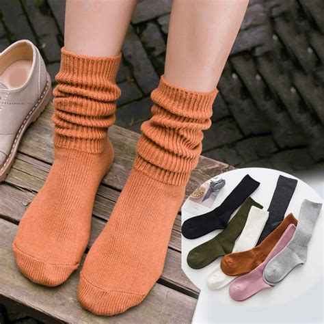 Yjsfg House High School Girls Long Socks Winter Loose Solid Colors Double Needles Knitting