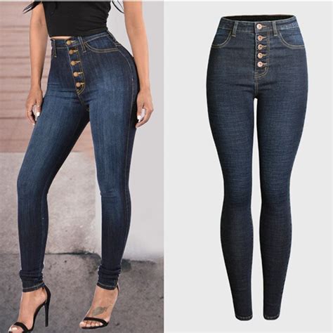 2018 Women Clothing High Waist Button Tight Elastic Washed Denim Pencil Pants Female Casual