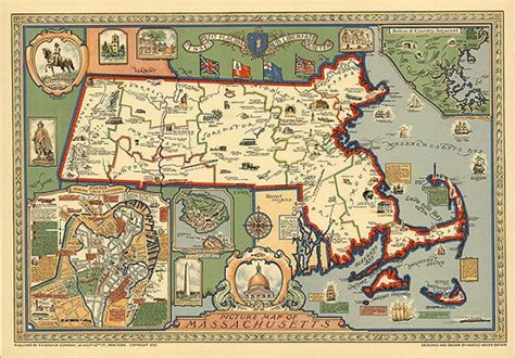 Pictorial Map Of Massachusetts 1930 Vintage Restoration Etsy