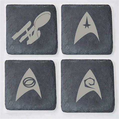 Handmade Star Trek Engraved Wooden And Slate Coaster Set