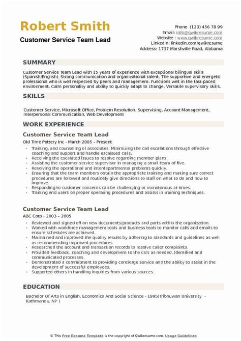 Talented operations team leader capable at motivating a team of workers and monitoring all performances carefully. Team Lead Job Description Resume Lovely Customer Service ...