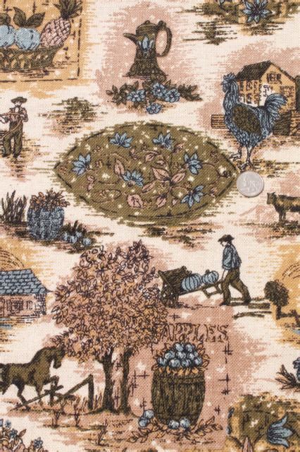 Vintage Fabric French Country Scenes Toile Style Print Linen Weave In